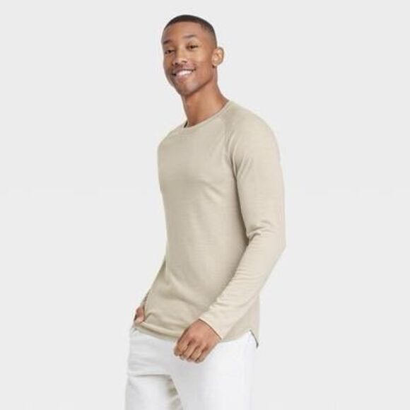 Men's Merino Wool Long Sleeve Athletic Top - All in Motion Heathered Beige S - Picture 1 of 3